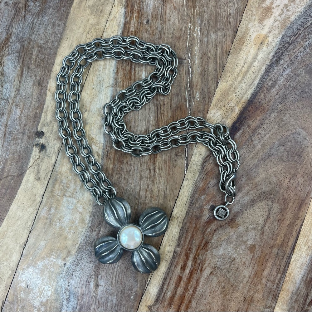 Vintage l 80s Givenchy Silver Pewter Floral Pearl Drop Chain Statement Necklace